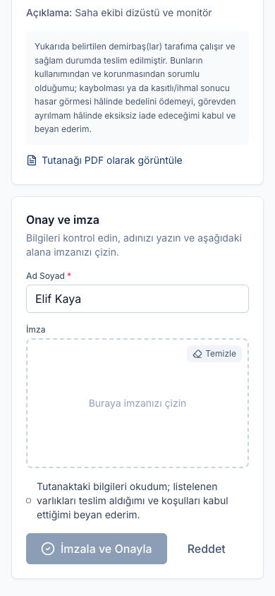 Telefonda zimmet tutanağı imzalama ekranı